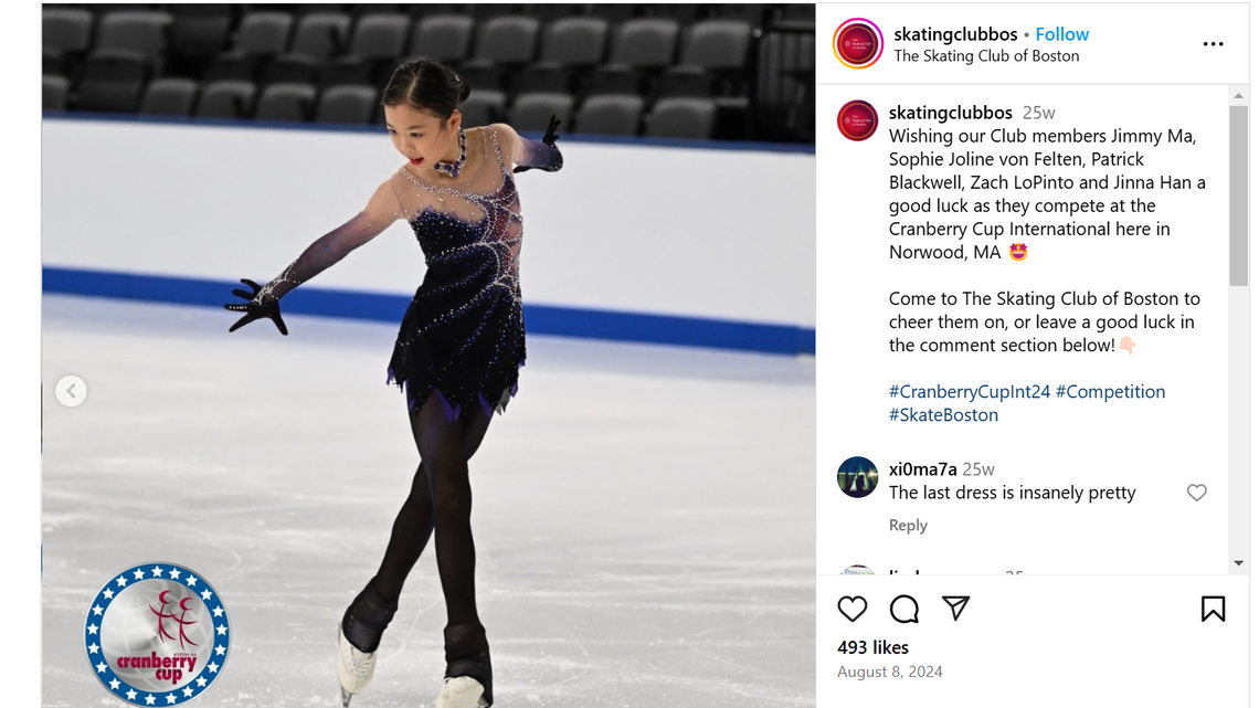 A screenshot of a photo of Jinna Han from the Skating Club of Boston’s Instagram account.