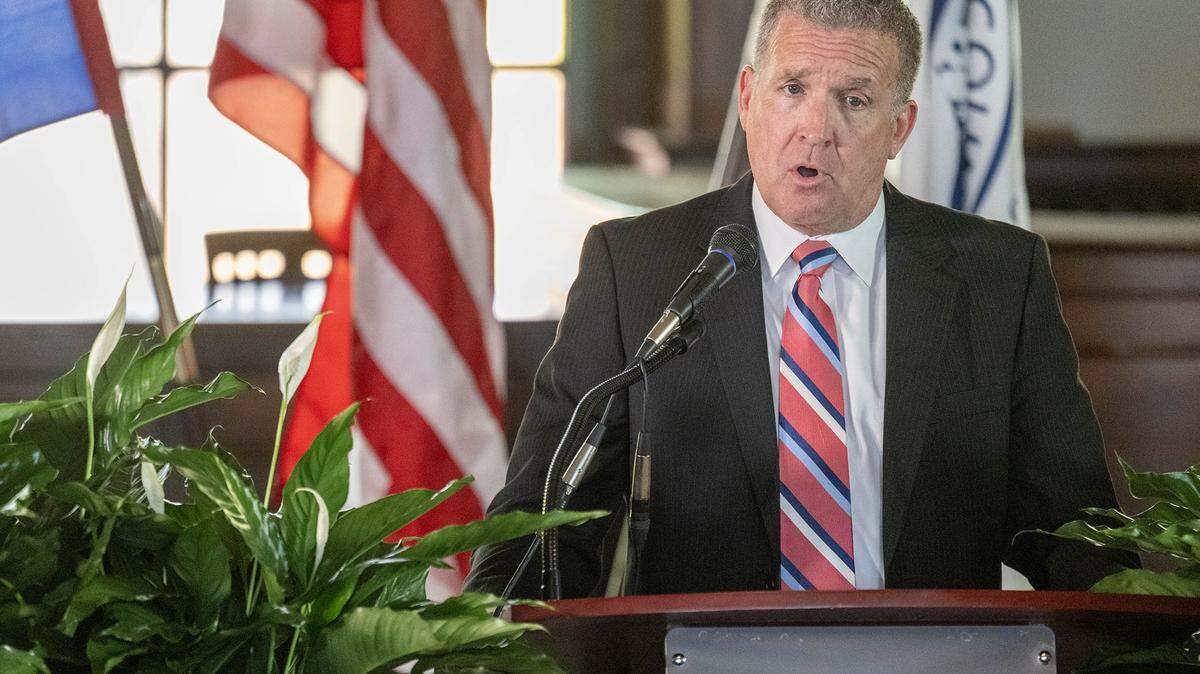 After being sworn in as interim Jackson County Executive, Phil LeVota addresses the crowd on hand at the Historic Truman Courthouse in Independence on Thursday, October 16, 2025. He replaces Frank White, who was removed by voters in a recall election.