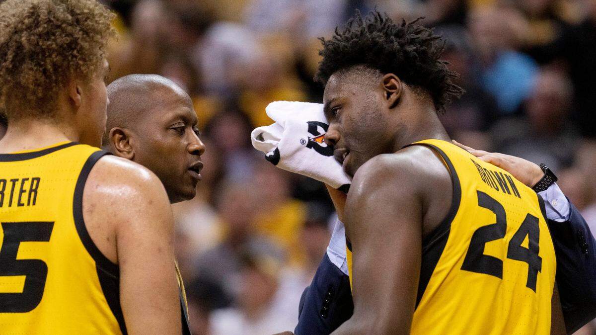 Missouri’s Kobe Brown has his eye treated after getting hit during the second half of a game against South Carolina Tuesday, Feb. 7, 2023, in Columbia, Mo.