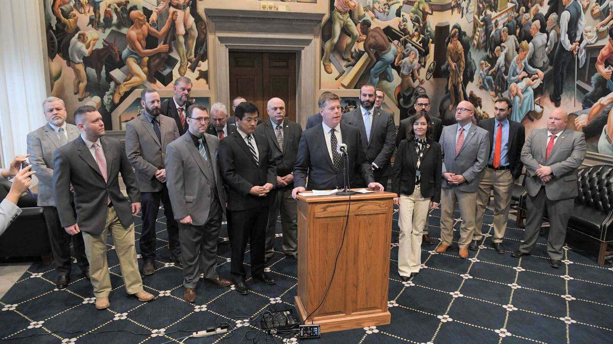 Missouri House Republican leadership holds a press conference in March 2023.