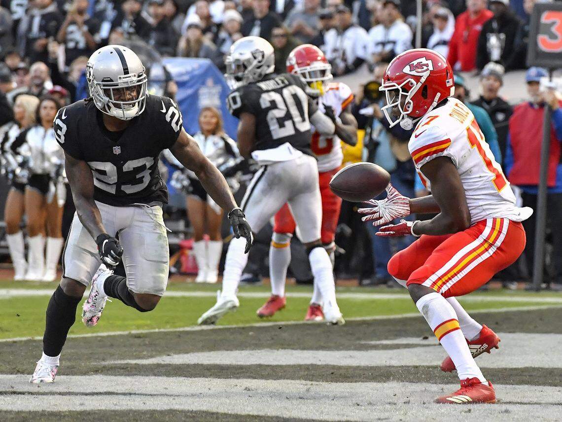 Kansas City Chiefs quarterback Patrick Mahomes connected with wide receiver Chris Conley on a fourth-quarter touchdown in front Oakland Raiders cornerback Nick Nelson in Oakland. It was Mahomes’ 41st touchdown pass of the 2018 regular season.