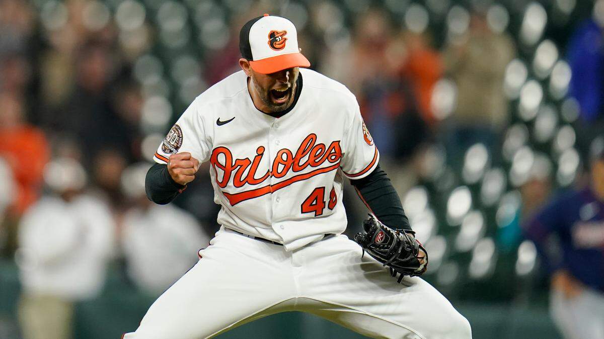 Baltimore Orioles relief pitcher Jorge Lopez reacts after striking out Minnesota Twins’ Byron Buxton for the final out of a baseball game, Thursday, May 5, 2022, in Baltimore. The Orioles won 5-3. (AP Photo/Julio Cortez)