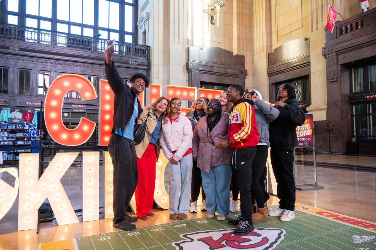 Ellie Lilly and her Business Innovation class from the Herndon Career Center in Kansas City, visit this year’s Chiefs Fan Zone at Union Station on Friday, Jan. 17, 2025.
