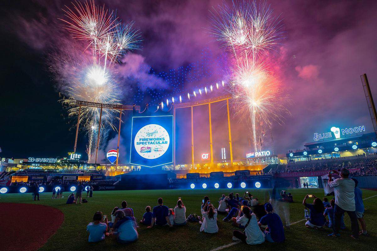 Independence Day was celebrated at Kauffman Stadium Wednesday night where spectators watched a patriotic fireworks and drone display after the Kansas City Royals defeated the Tampa Bay Rays 4-2. Lighted drones were used to spell out “Royals” during the show.
