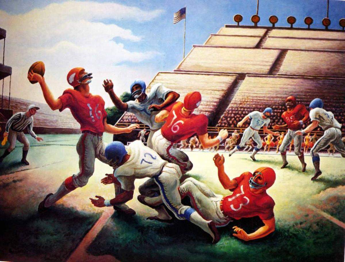 The painting “Forward Pass” (1971) from Thomas Hart Benton, who sketched from the sidelines of Kansas City Chiefs games and practices. The whereabouts of the painting, inspired in part by the Chiefs’ Super Bowl IV victory, are not publicly known.