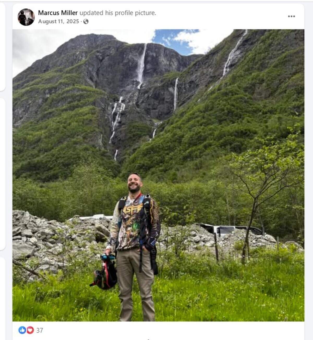 Marcus Miller in an updated Facebook profile photo on August 11, 2025. Miller, a pipefitter living in Lawrence, Kansas., died Sunday, June 14, 2026 when a skydiving plane crashed on takeoff as it left an airfield in Butler, Missouri.