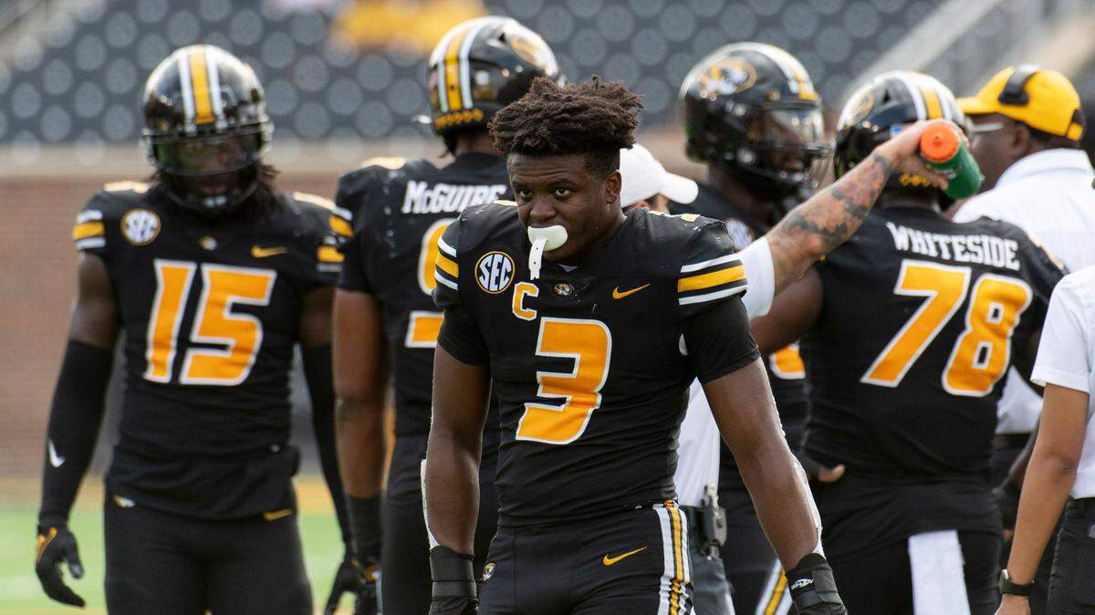 Missouri defensive back Martez Manuel walks off the field during the second half of an NCAA college football game against Tennessee Saturday, Oct. 2, 2021, in Columbia, Mo. Tennessee won 62-24.(AP Photo/L.G. Patterson)