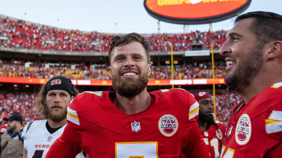 Kansas City Chiefs place kicker Harrison Butker smiles after kicking a game winning field goal in the Chiefs game vs. the Cincinnati Bengals on Sunday, Sept. 15, 2024, at GEHA Field at Arrowhead Stadium.