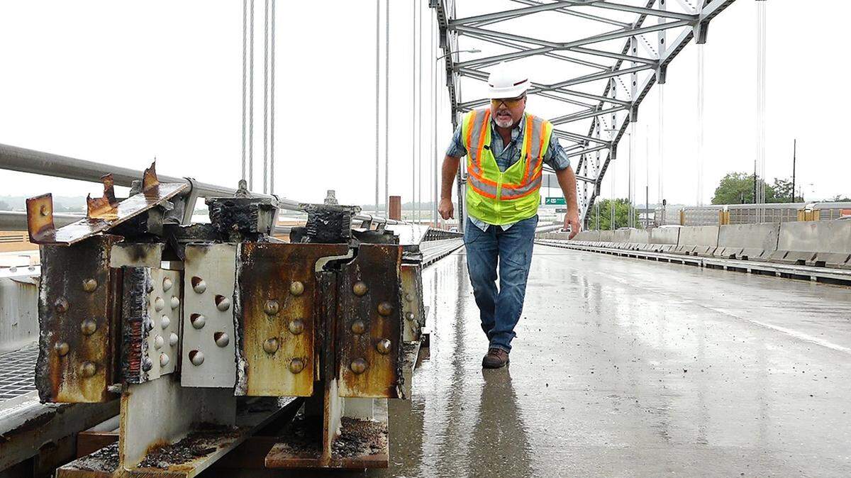 MoDOT senior construction inspector John Casey showed parts of the Buck O’Neil Bridge in need of repair in 2018.