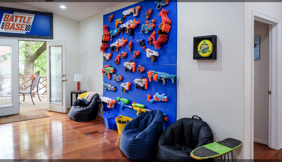 NERF guns are stored in the cabin’s living areas, bedrooms, and on the deck.