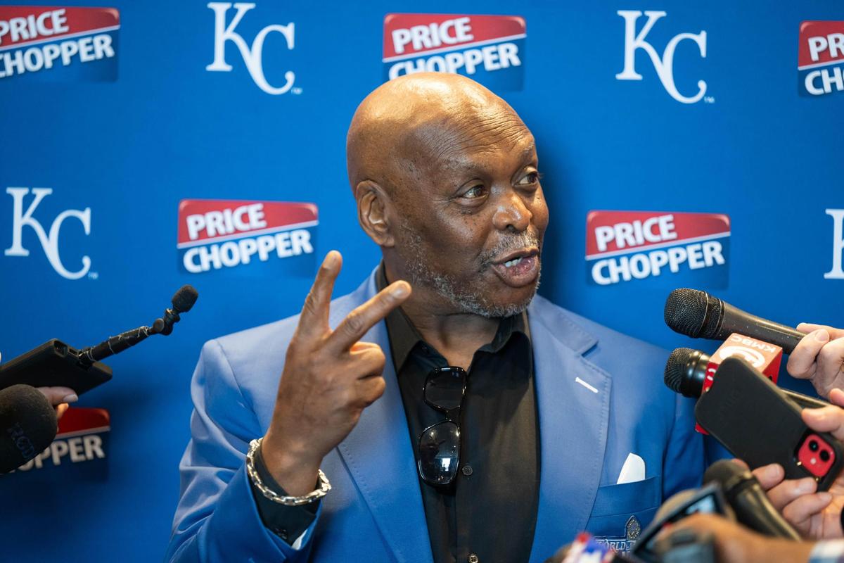 Former Kansas City Royals outfielder Darryl Motley speaks with media at the Loews Hotel prior to the Champions Gala on Thursday, May 15, 2025. Motley, who played for the Royals on the 1985 championship team, caught the last out in the deciding game of the championship series.