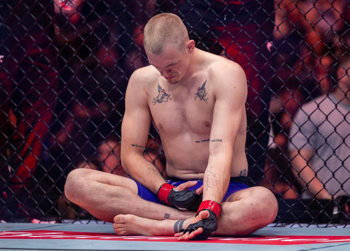 Ian Machado Garry takes a quiet moment to himself ahead of his bout with Carlos Prates at the T-Mobile Center in Kansas City on Saturday night during UFC Fight Night: Machado Garry vs. Prates. Machado Garry went on to defeat Prates.