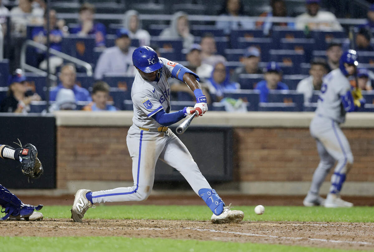 Kansas City Royals utility man Tyler Tolbert connects on his seventh inning infield base hit against the New York Mets at Citi Field on July 07, 2026 in New York City. The hit is Tolbert's 12th in his last 12 plate appearances.