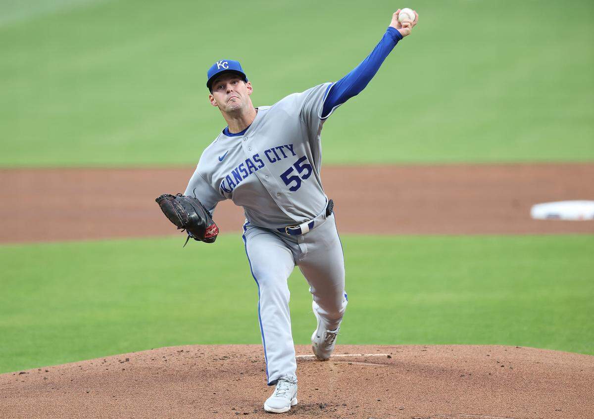 Kansas City Royals starting pitcher Cole Ragans delivers to a Braves batter during both teams’ MLB season opener at Truist Park in Atlanta on Friday, March 27, 2026.