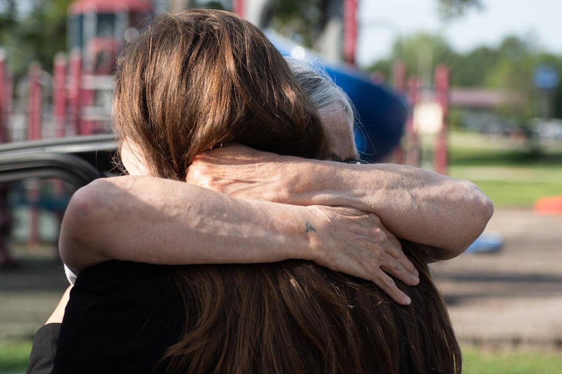 Sandra “Sandy” Hemme, right, greets family after being released from the Chillicothe Correctional Center on Friday in Chillicothe, Missouri.