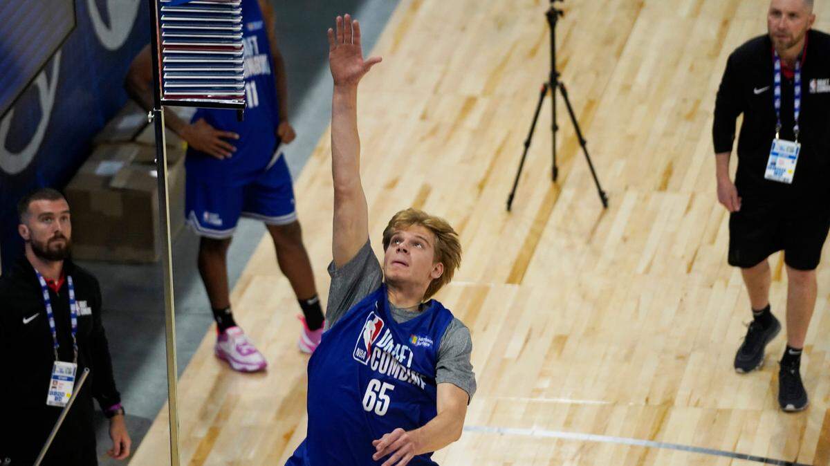 Gradey Dick of Kansas participates in the 2023 NBA Draft Combine at Wintrust Arena in Chicago on May 15, 2023.