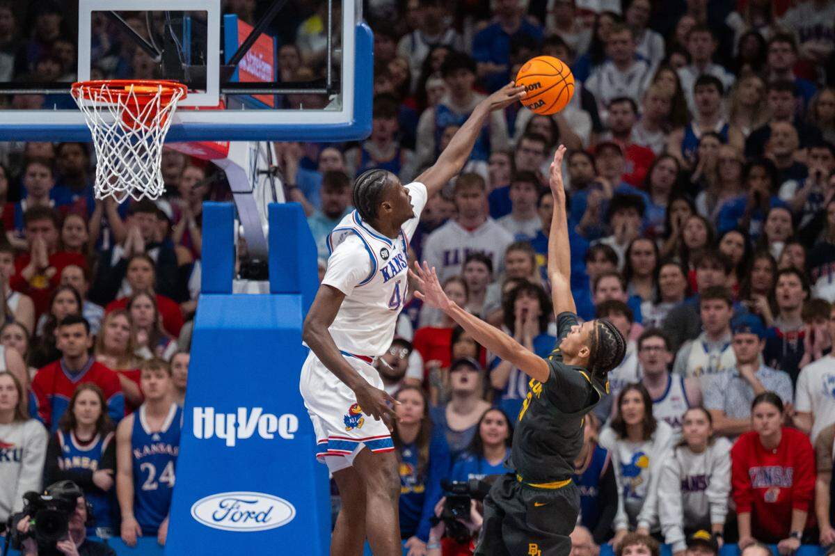 Kansas Jayhawks forward Flory Bidunga (40) blocks the shot of a Baylor Bears player in the first half of the Jayhawks game vs. the Baylor Bears on Friday, January 16, 2026, at Allen Fieldhouse.