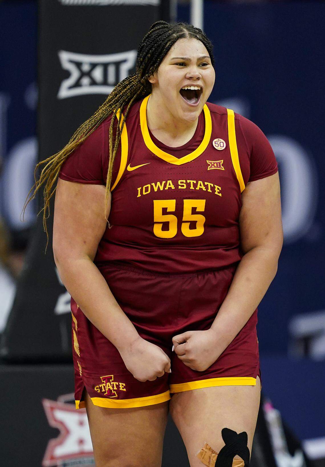 Audi Crooks of the Iowa State Cyclones celebrates after scoring against the Texas Longhorns during the second half of the Big 12 Women's Basketball Tournament championship game at T-Mobile Center on March 12, 2024, in Kansas City.