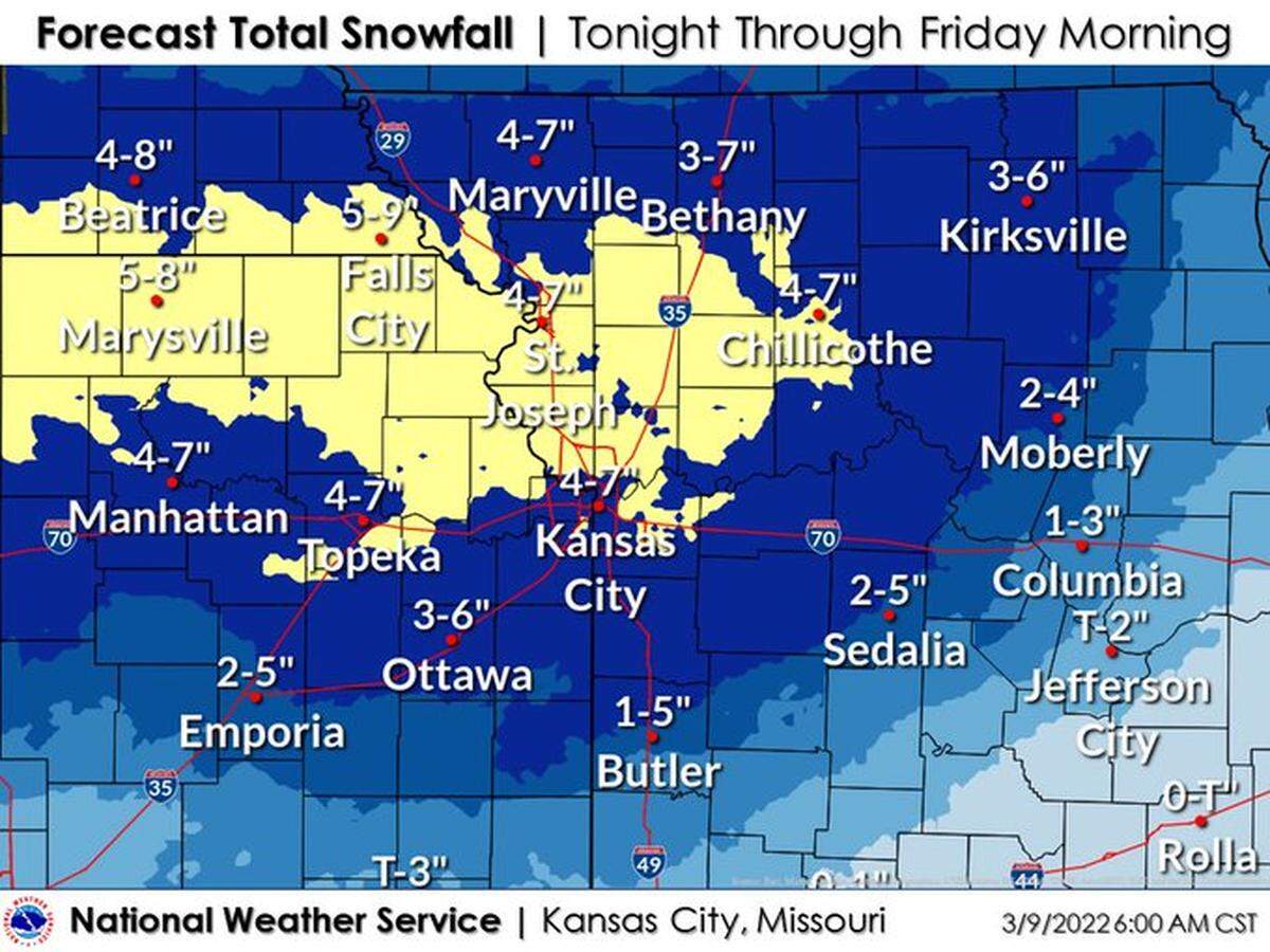 The greatest snowfall amounts are expected along and between the U.S. 36 highway corridor near St. Joseph and U.S. 50 highway corridor in the Kansas City area.