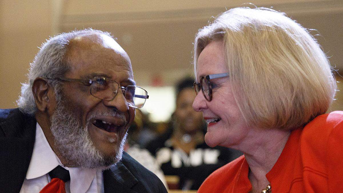 Sen. Claire McCaskill greeted Dr. Wallace Hartsfeld Sr. during a campaign stop at the St. James Methodist Church in Kansas City on Nov. 5.