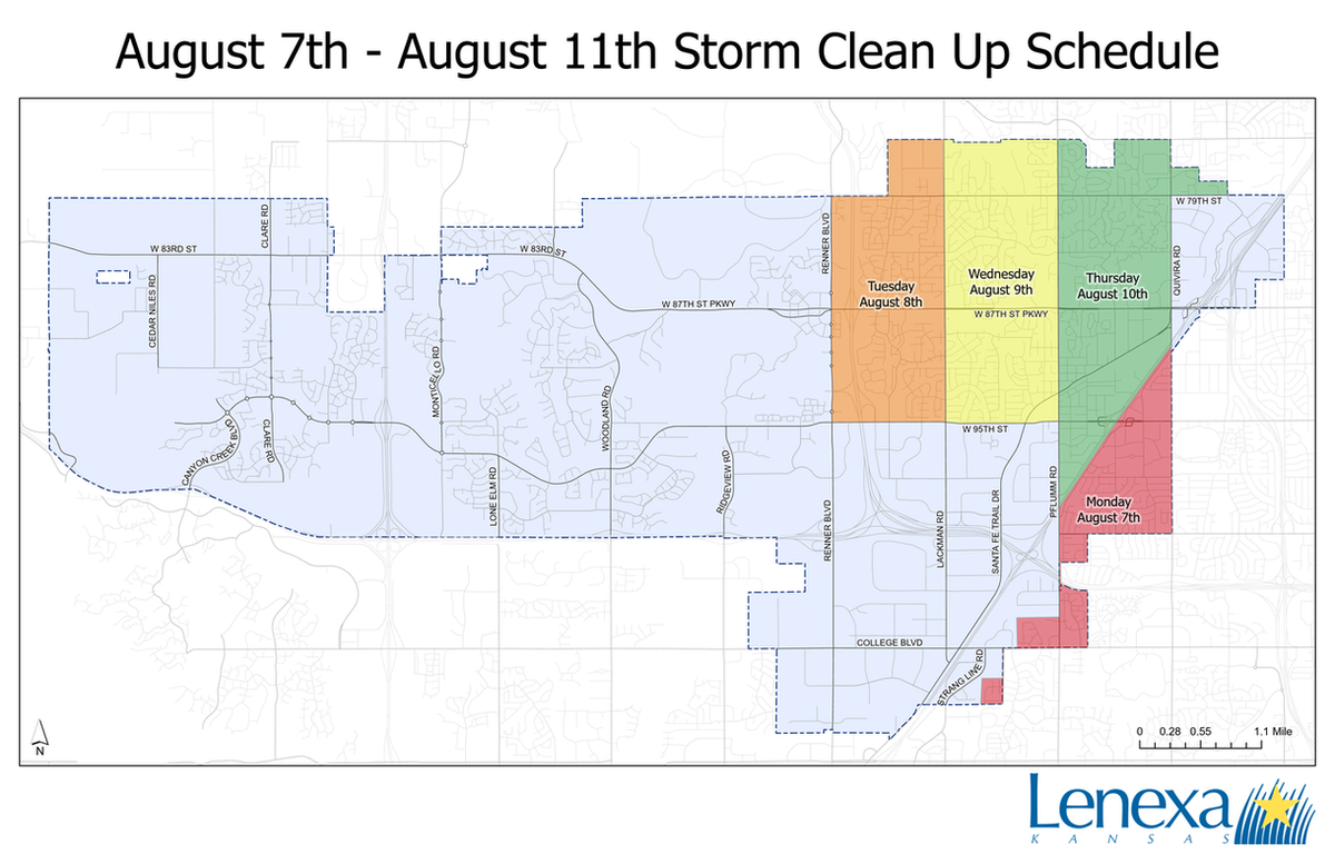 This map shows the storm debris pickup schedule in Lenexa during the week of Aug. 7, 2023.