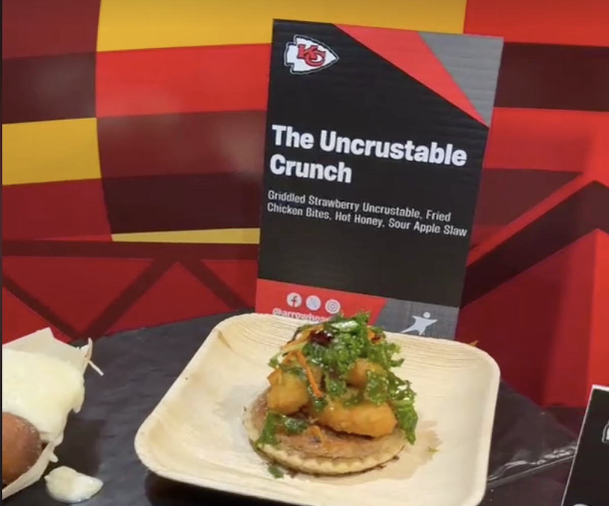 The Uncrustable Crunch, a grilled strawberry Uncrustable topped with fried chicken bites and hot honey, is one of the new concessions items at Arrowhead Stadium.