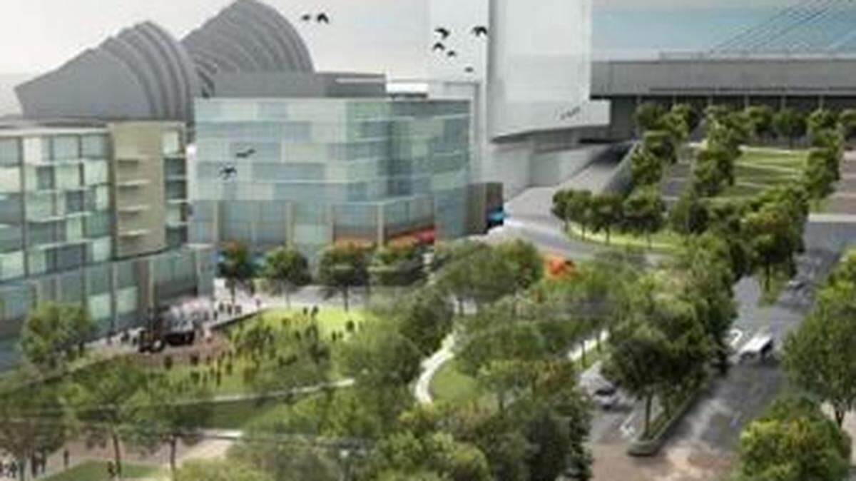 A rendering of the proposed park above the South Loop Link in the heart of downtown Kansas City.
