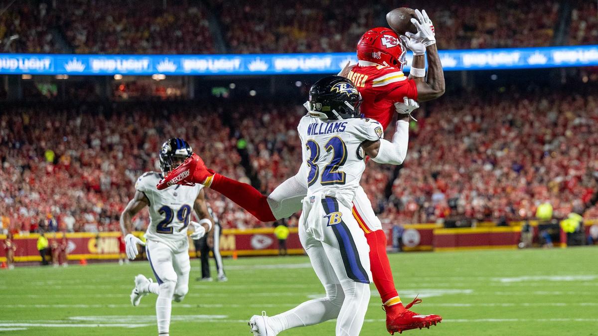 Kansas City Chiefs wide receiver JuJu Smith-Schuster (9) barely misses a pass over Baltimore Ravens safety Marcus Williams (32) in the first half on Thursday, Sept. 5, 2024, at GEHA Field at Arrowhead Stadium.