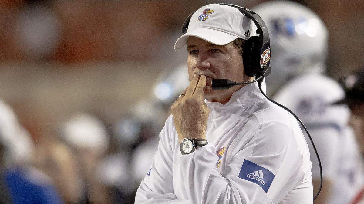 Kansas head coach Les Miles watches his players against Texas on Saturday in Austin, Texas (Oct. 19, 2019).