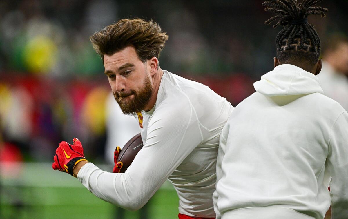 Kansas City Chiefs tight end Travis Kelce warms up on the field before the start of Super Bowl LIX on Sunday, Feb. 9, 2025, in New Orleans.