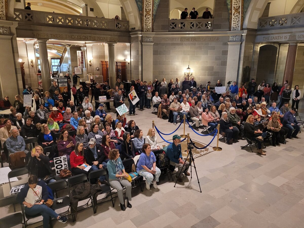 Opponents of Donald Kauerauf’s nomination to lead the Missouri Department of Health and Senior Services rally on Monday before his Senate confirmation hearing.