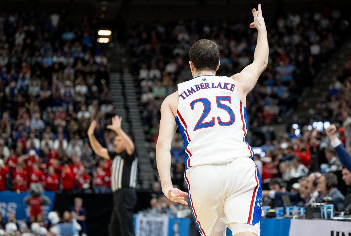 Kansas Jayhawks guard Nicolas Timberlake (25) celebrates a 3-pointer against the Samford Bulldogs during a men’s college basketball game in the first round of the NCAA Tournament on Thursday, March 21, 2024, in Salt Lake City, Utah.