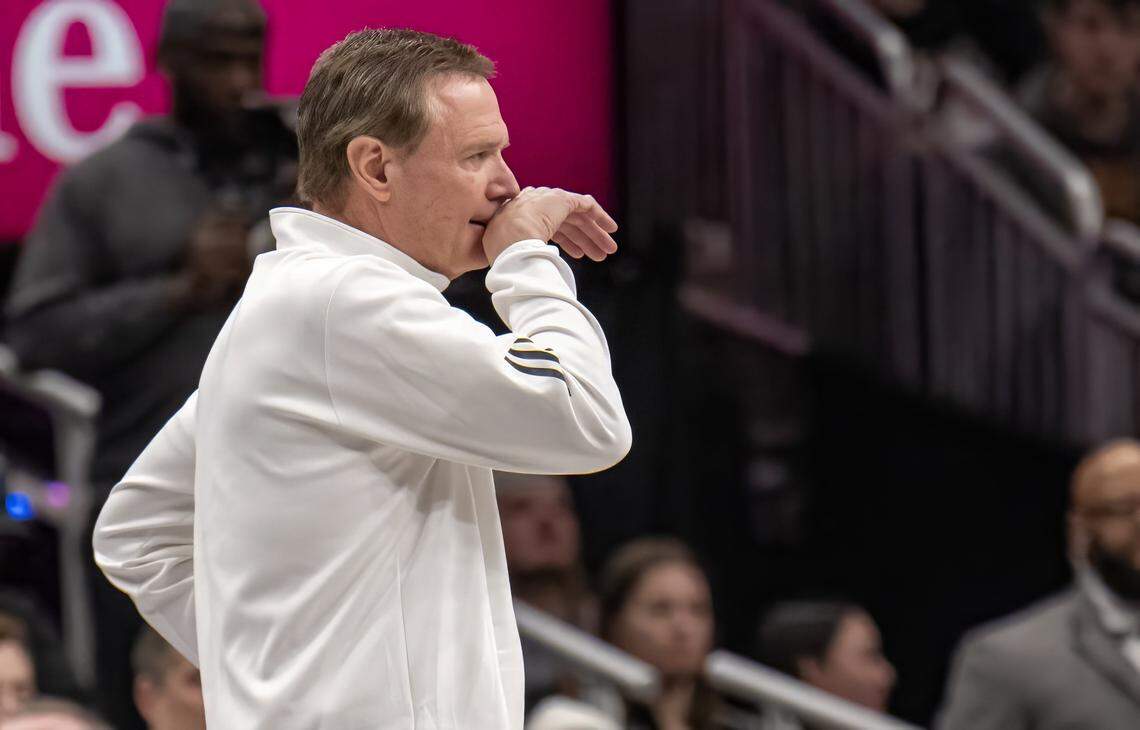 Kansas hoops coach Bill Self watches the second half, his Jayhawks down big in a semifinal game against the Houston Cougars at the Big 12 Men's Basketball Tournament inside Kansas City’s T-Mobile Center on Friday, March 13, 2026.