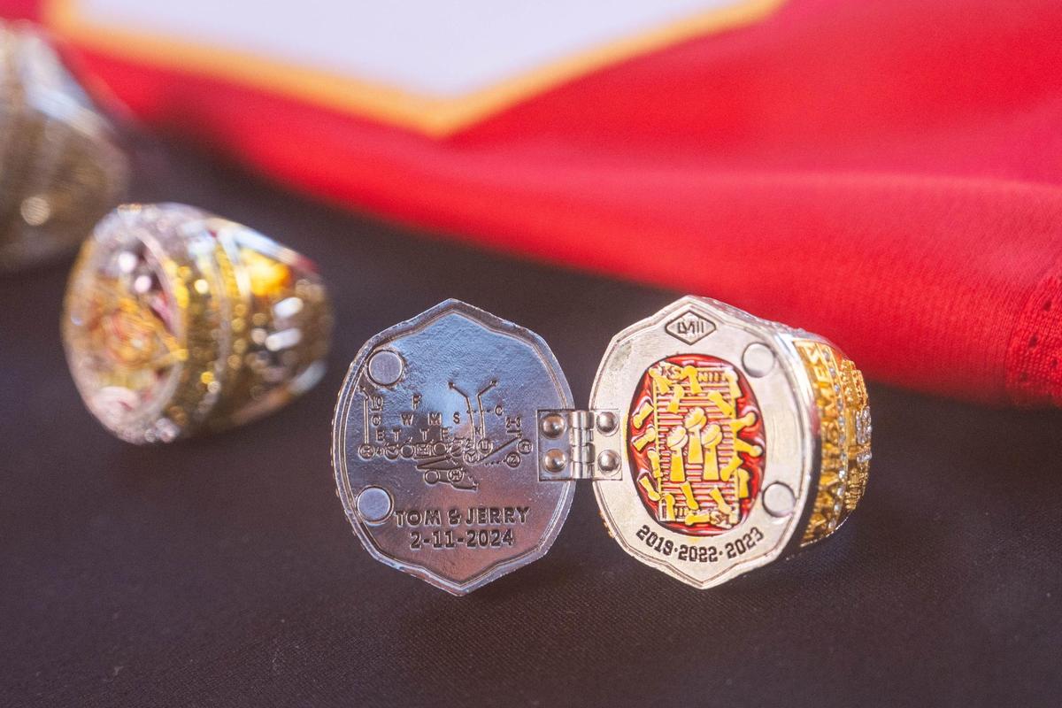 Kansas City Chiefs Super Bowl rings are on display at the Chiefs Fan Zone at Union Station. The latest ring from Super Bowl 58 shows the design for the winning play.