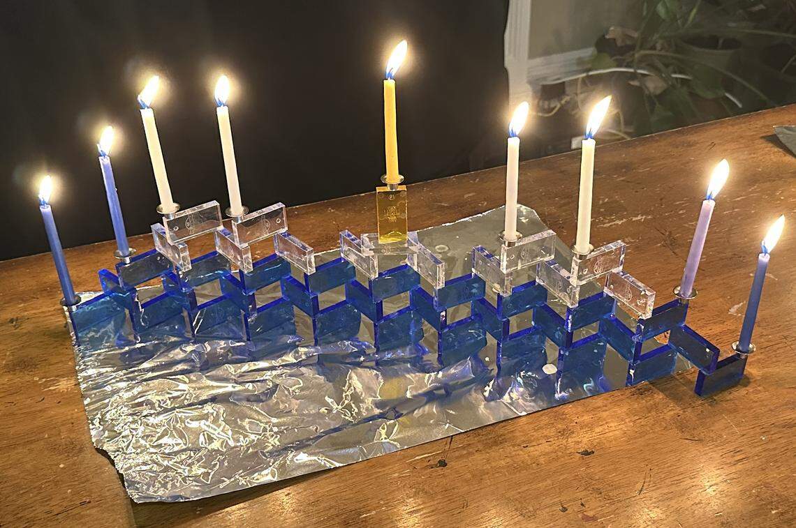 A menorah Noah recently created to demonstrate his art. He works on his family’s dining room table.