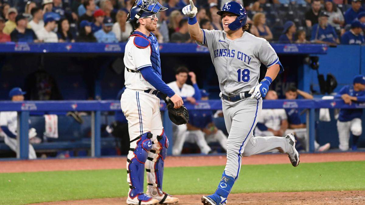 Kansas City Royals’ Nate Eaton hit his first home run in the majors against the Toronto Blue Jays, during the eighth inning of Thursday’s game in Toronto.