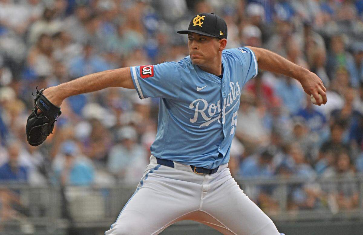 Royals starting pitcher Kris Bubic delivers a pitch against the Los Angeles Dodgers on Sunday, June 29, 2025 at Kauffman Stadium in Kansas City.