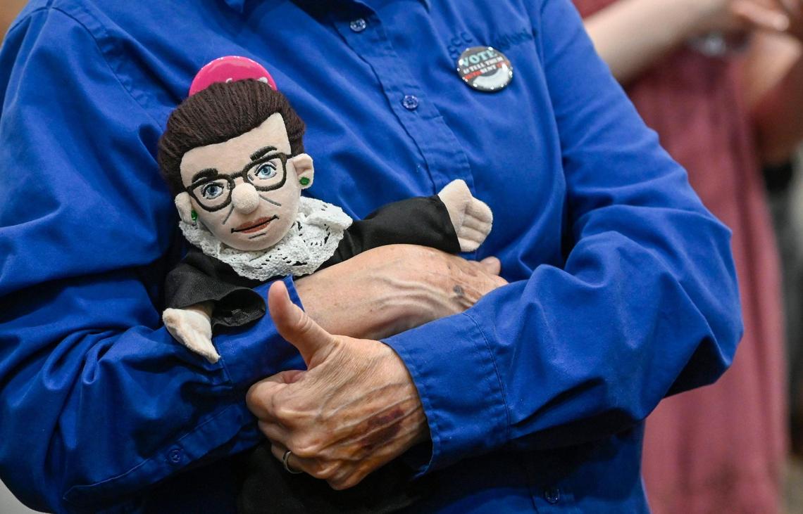 Kansans for Constitutional Freedom and supporters gathered for an election watch party Tuesday, August 2, 2022, at the Overland Park Convention Center, 6000 College Blvd. The group backed a ‘No’ vote on the constitutional amendment, which if passed, removes the right to an abortion from the Kansas constitution. One supporter had a Ruth Bader Ginsberg doll on hand.