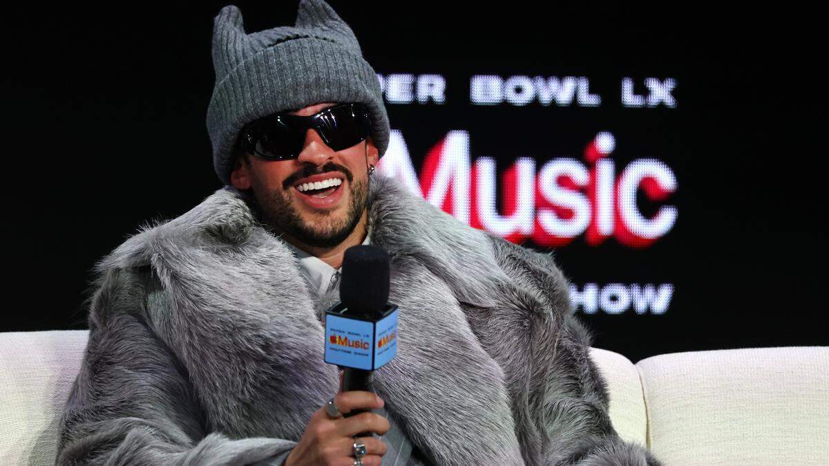 Bad Bunny is interviewed Thursday during the Super Bowl LX Pregame & Apple Music halftime show press conference at Moscone Center West in San Francisco.