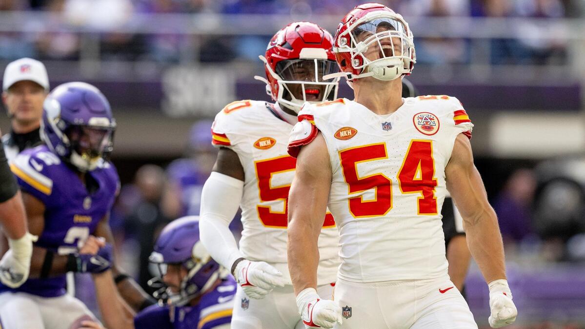 Kansas City Chiefs linebacker Leo Chenal (54) celebrates after sacking Minnesota Vikings quarterback Kirk Cousins (8) during an NFL football game on Sunday, Oct. 8, 2023, at U.S. Bank Stadium in Minneapolis, Minn.