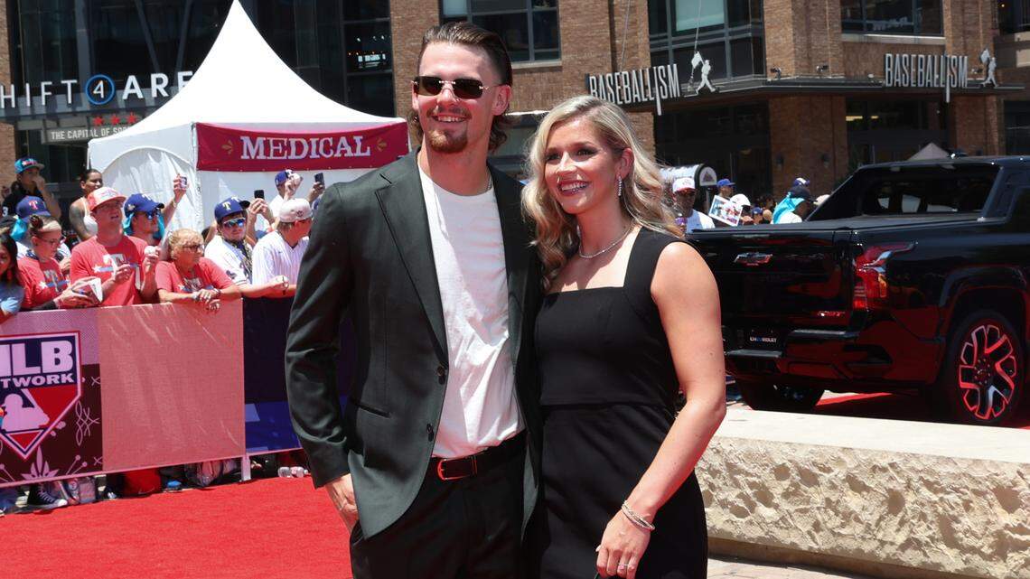 Kansas City Royals shortstop Bobby Witt Jr. walks the red carpet with his fiancee Maggie Black before the 2024 MLB All-Star game at Globe Life Field.