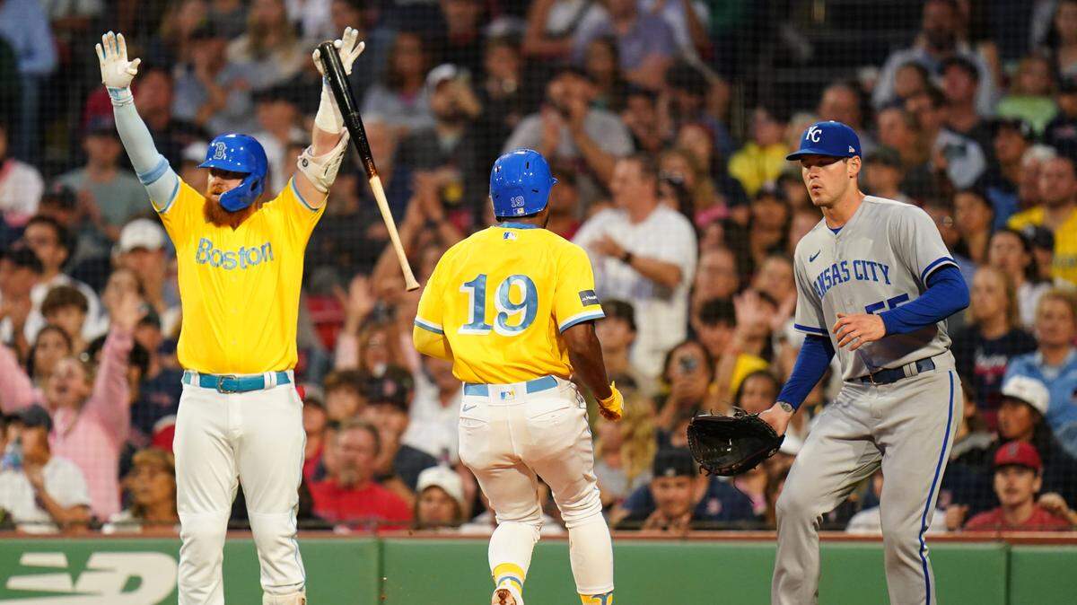 Boston Red Sox shortstop Pablo Reyes (19) scores against the Kansas City Royals in the third inning at Fenway Park on Aug. 7, 2023.