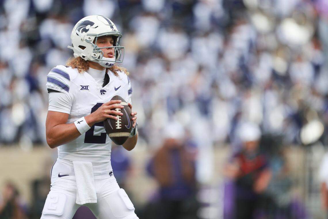 Kansas State Wildcats quarterback Avery Johnson (2) looks for an open receiver during the first half against the North Dakota Fighting Hawks at Bill Snyder Family Stadium on Aug. 30, 2025.