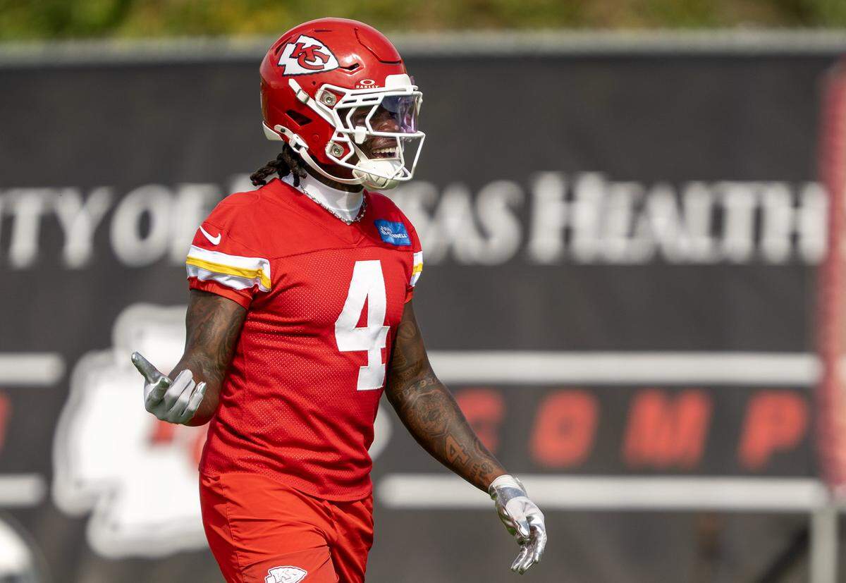 Kansas City Chiefs wide receiver Rashee Rice (4) was back on the field for practice at the team's training facility in Kansas City on Wednesday, October 15, 2025.