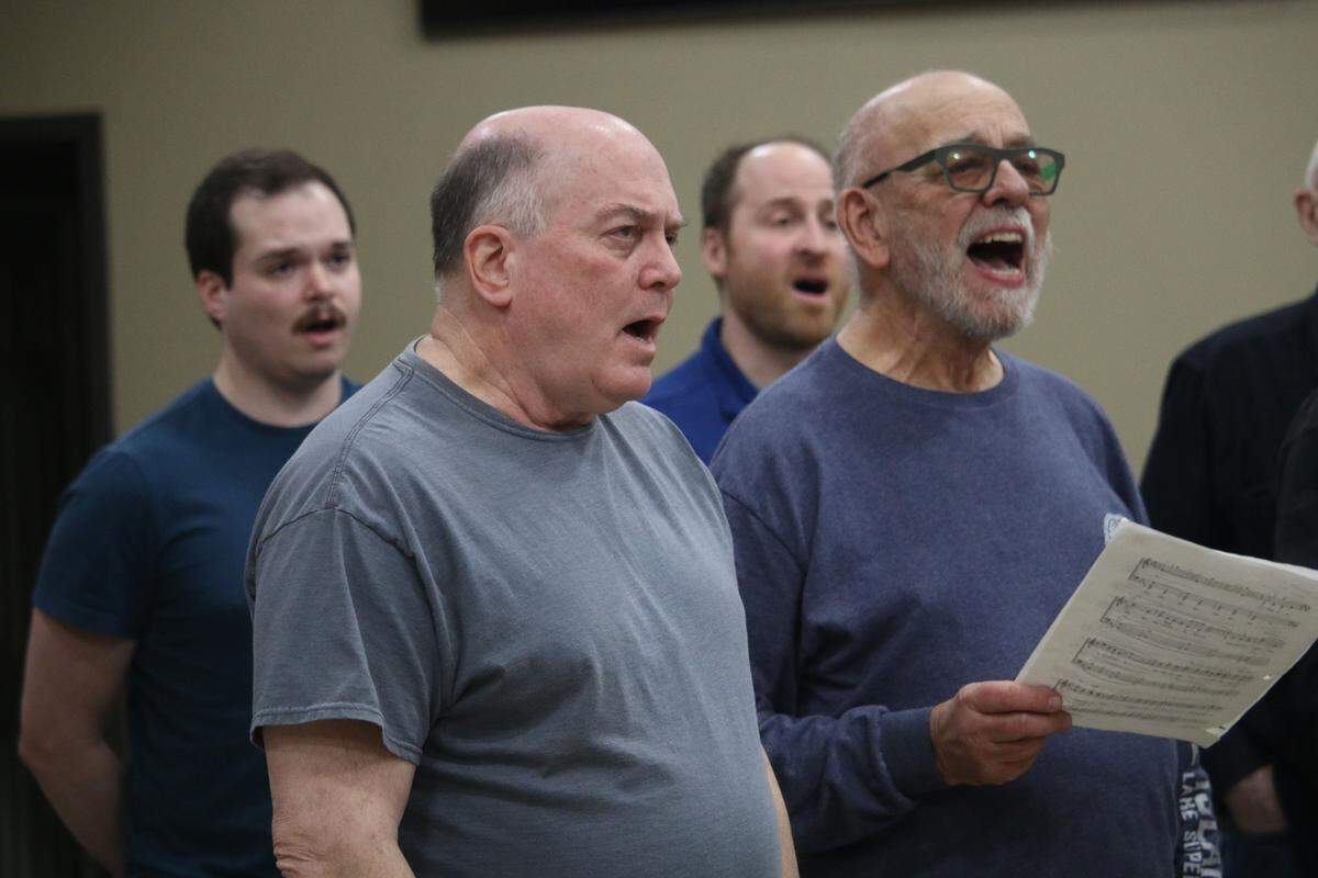 Blake Traylor, Jerry Traylor, Dan Gras and Terry Crabbs work on Josh Groban’s ‘You Raise Me Up’ during a Trails West Chorus rehearsal.