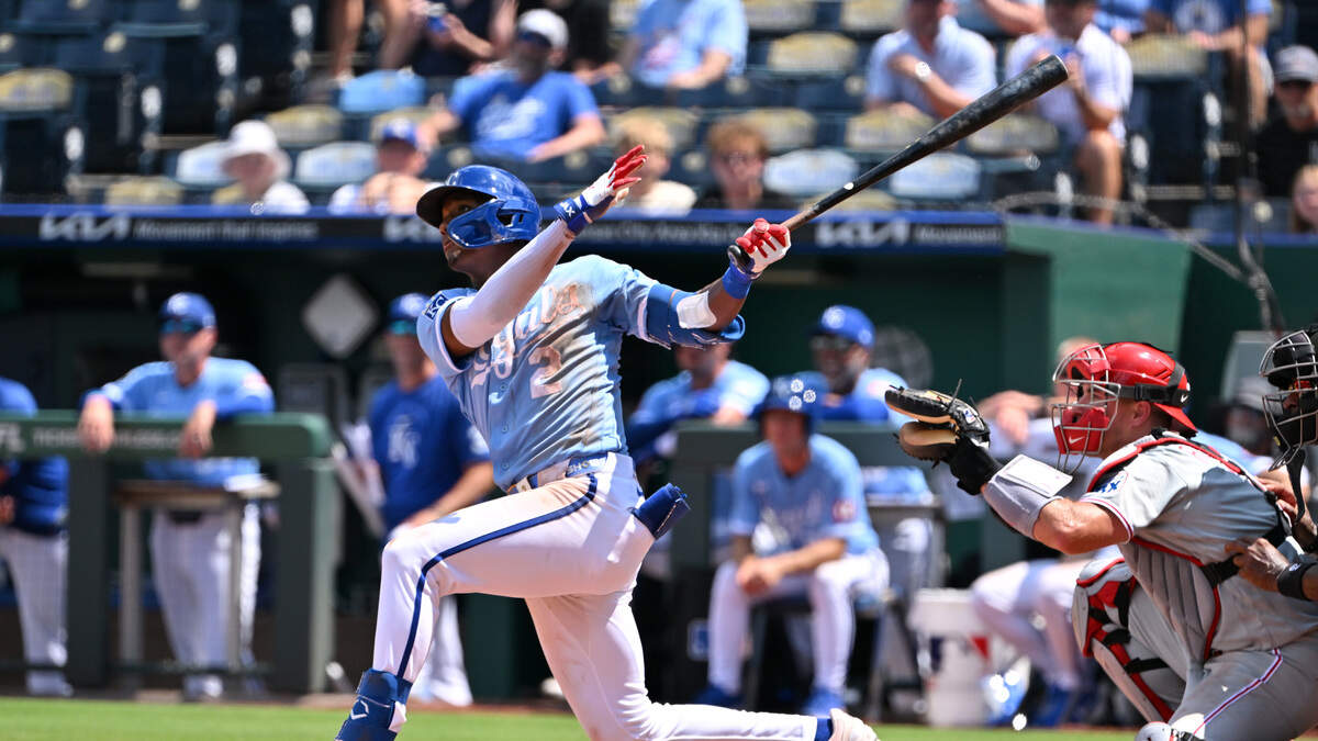 Tyler Tolbert #2 of the Kansas City Royals hits his first home run of the season during the fifth inning against the Philadelphia Phillies at Kauffman Stadium on July 6, 2026 in Kansas City.