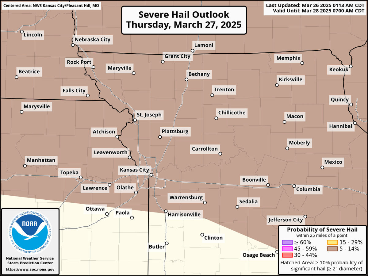 Hail will be the primary threat if strong to severe thunderstorms develop as storms move through the Kansas City area early Thursday, according to the National Weather Service.