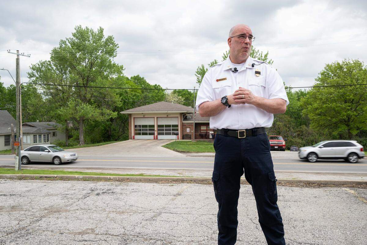 Paul Paikowski, Division Chief of the KCFD, speaks to the media on Monday, April 28, 2025 outside of Station 42 in Kansas City, following the stabbing death of KCFD fireman and paramedic Graham Hoffman, who was stabbed in an ambulance on the previous day.