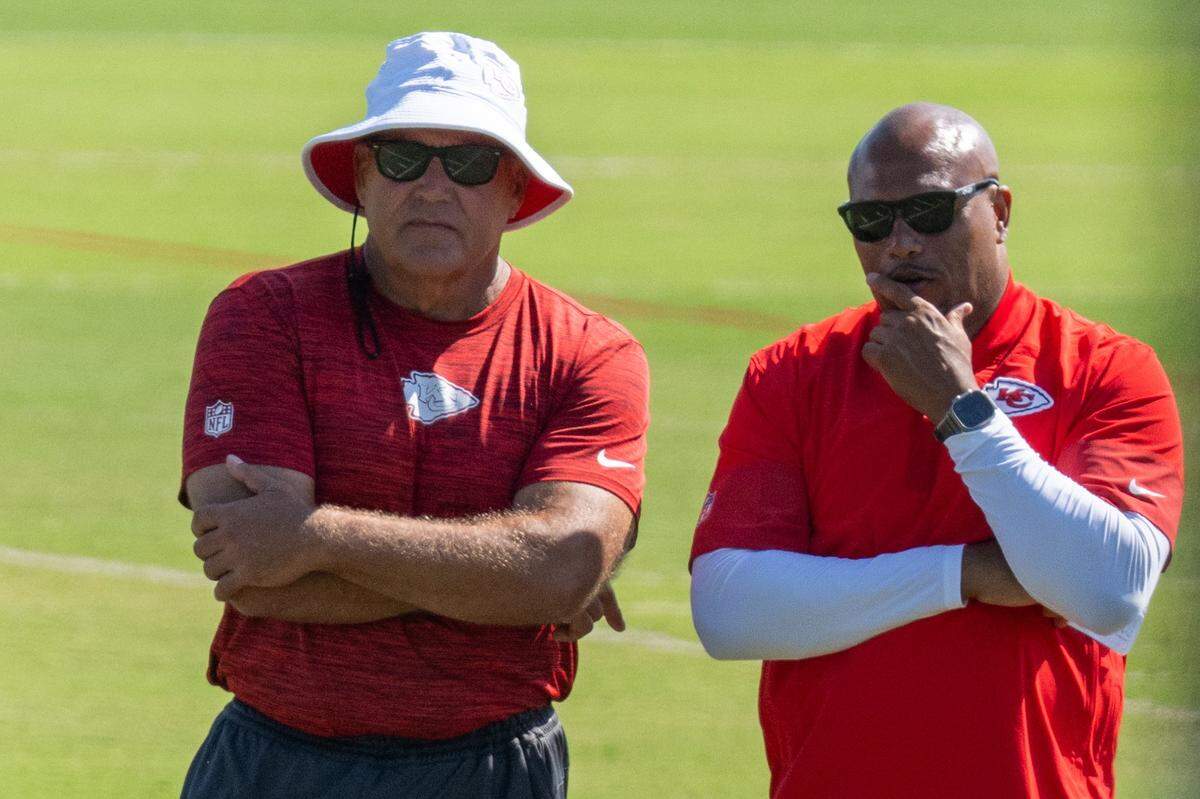 Kansas City Chiefs special teams coach watches practice alongside former Las Vegas Raiders head coach Antonio Pierce during practice at Chiefs Training Camp on Tuesday, Aug. 5, 2025 in St. Joseph.