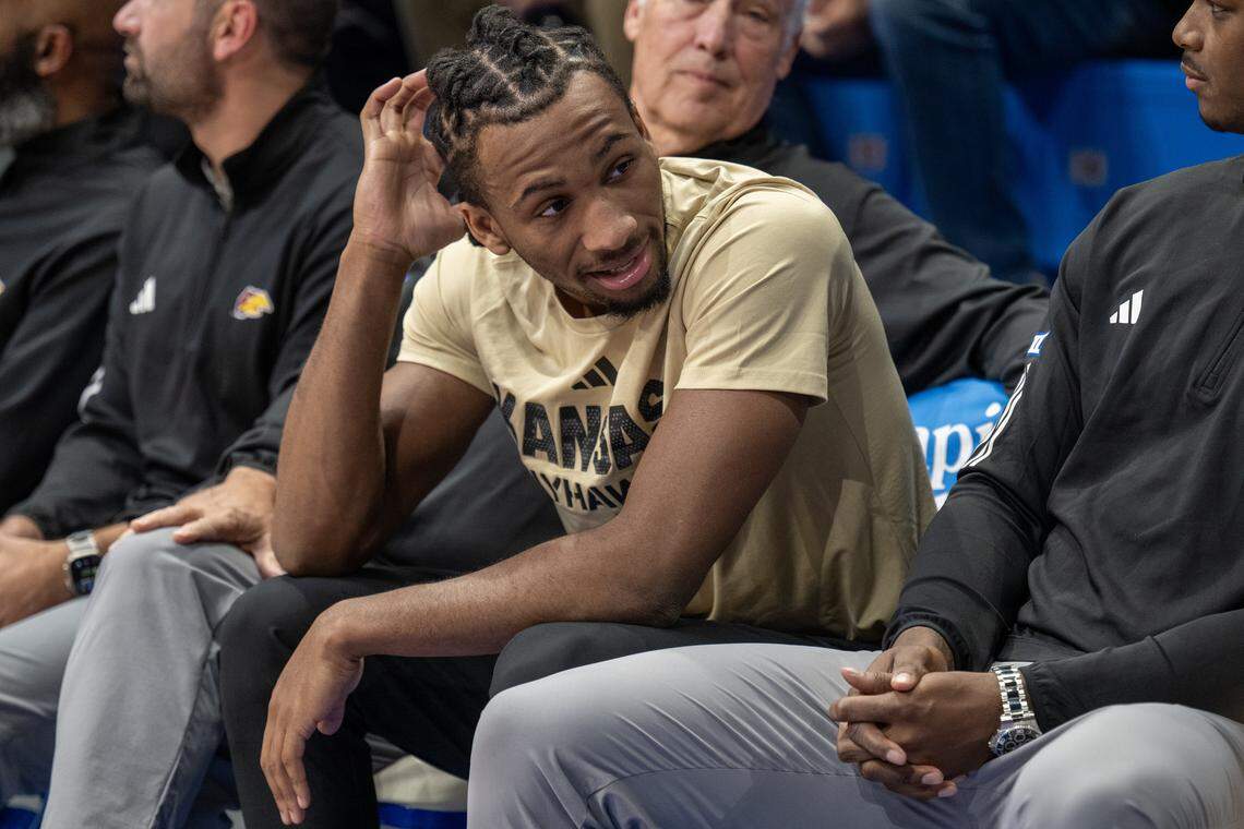 Kansas Jayhawks guard Darryn Peterson (22) was on the bench during warmups before the Texas A&M-CC Islanders game at Allen Fieldhouse on Tuesday, November 11, 2025, in Lawrence.